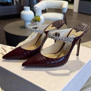 Jimmy Choo Dark Red Croc-Embossed Heels with Crystal Strap
